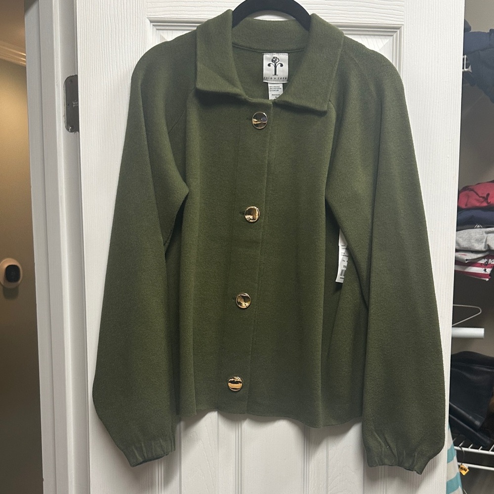 Olive Green Women's Button-Front Pea Coat with Gold Buttons